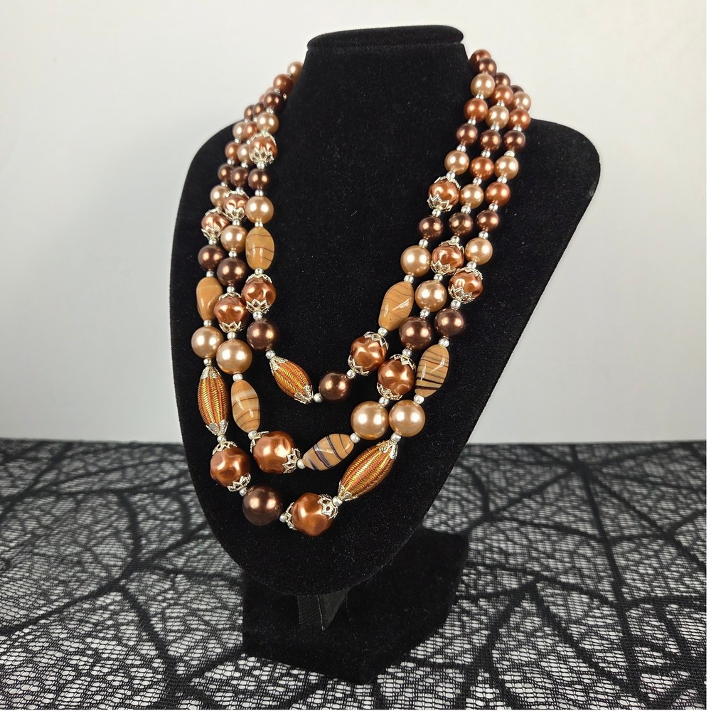 Vintage Japan Triple Strand Beaded Necklace Copper Bronze Faux Pearl Mid Century